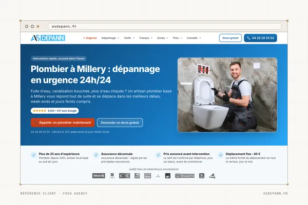 Page d'accueil du site de AS Depann (Plombier, dépannage 24h/24) dans une fenêtre de navigateur