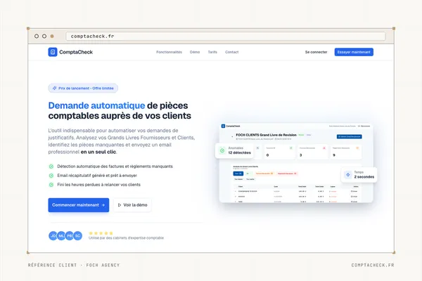 Page d'accueil du site de Comptacheck (Logiciel d'audit comptable (SaaS)) dans une fenêtre de navigateur
