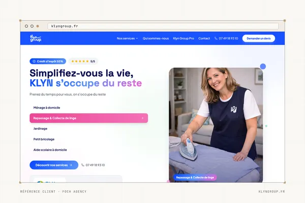 Page d'accueil du site de Klyn Group (Aide à domicile : ménage, repassage, jardinage) dans une fenêtre de navigateur