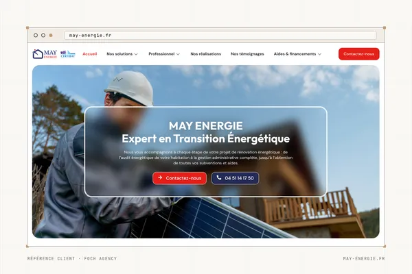 Page d'accueil du site de May Energie (Transition énergétique) dans une fenêtre de navigateur