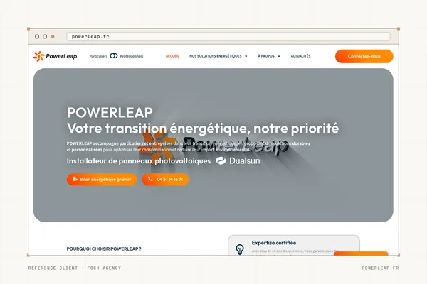 Page d'accueil du site de Powerleap (Installateur de panneaux photovoltaïques) dans une fenêtre de navigateur