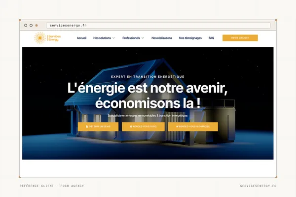 Page d'accueil du site de Services Energy (Énergies renouvelables et transition énergétique) dans une fenêtre de navigateur