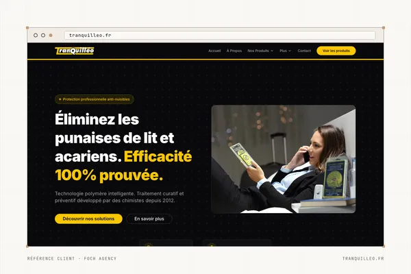 Page d'accueil du site de Tranquilleo (Solutions anti-punaises de lit, boutique en ligne) dans une fenêtre de navigateur
